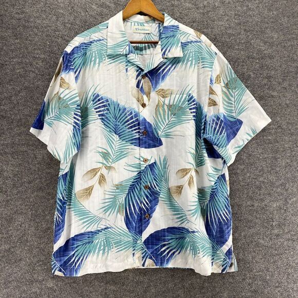 5/$45 Caribbean Shirt Men XL White Floral Button Up Collared Short Sleeve - Picture 1 of 8